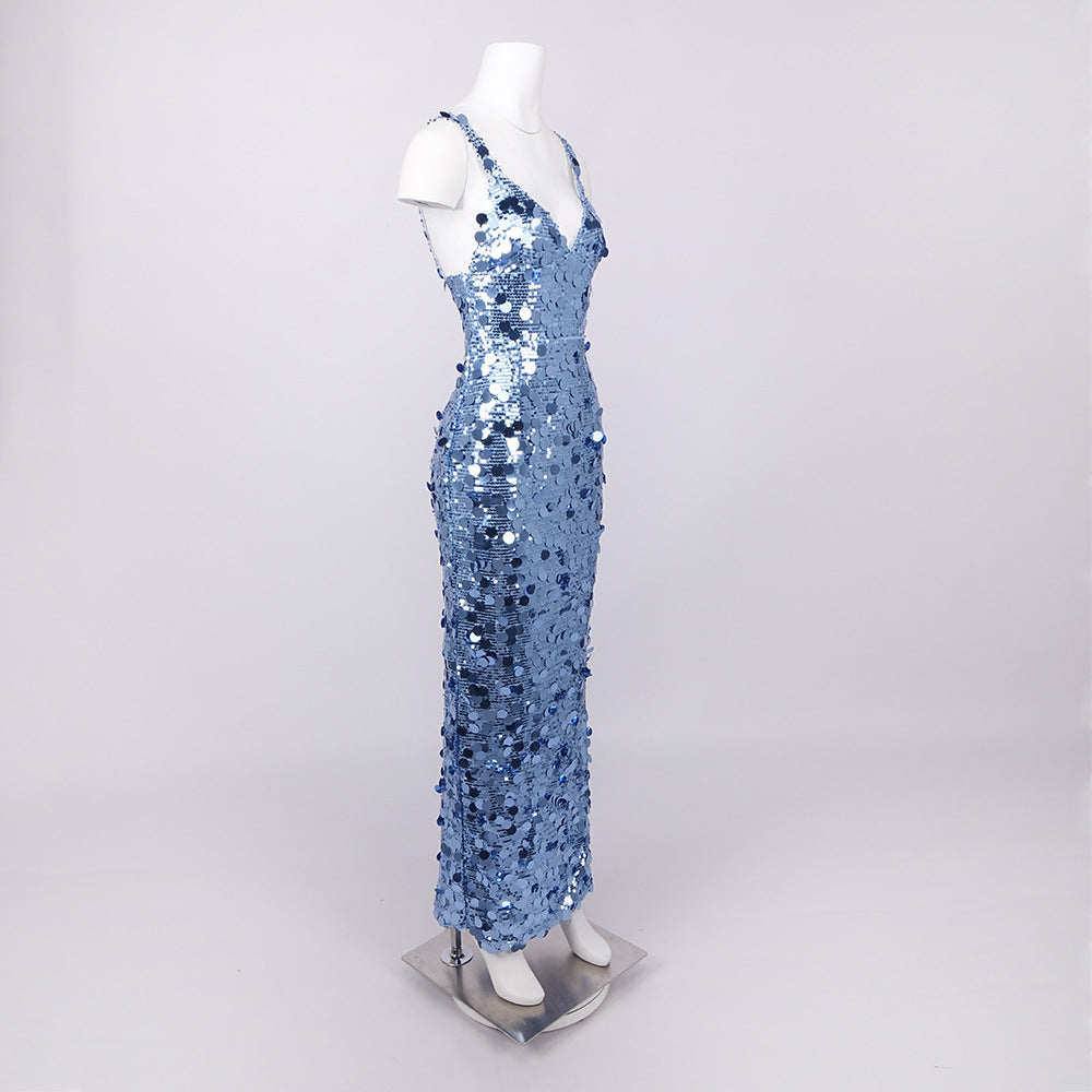 Flowering Girl Women Roberta Deep V-Neck Sequin Column Gown In Blue