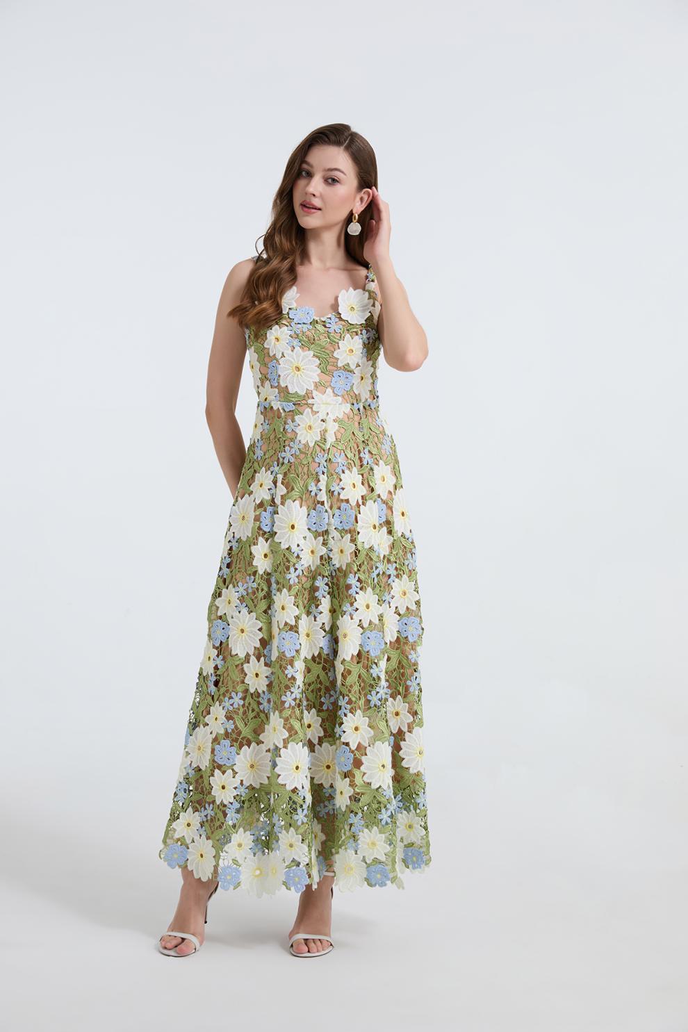 Flowering Girl Women celeste floral hollow stitching maxi dress in green