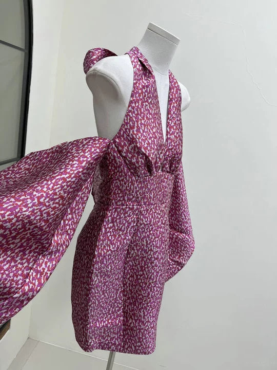 Jacquard Rose Pink Halterneck Mini Dress