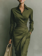 Flowering Girl Women green Long Skirt Shirt Collar Long Sleeve Pocket maxi Dress
