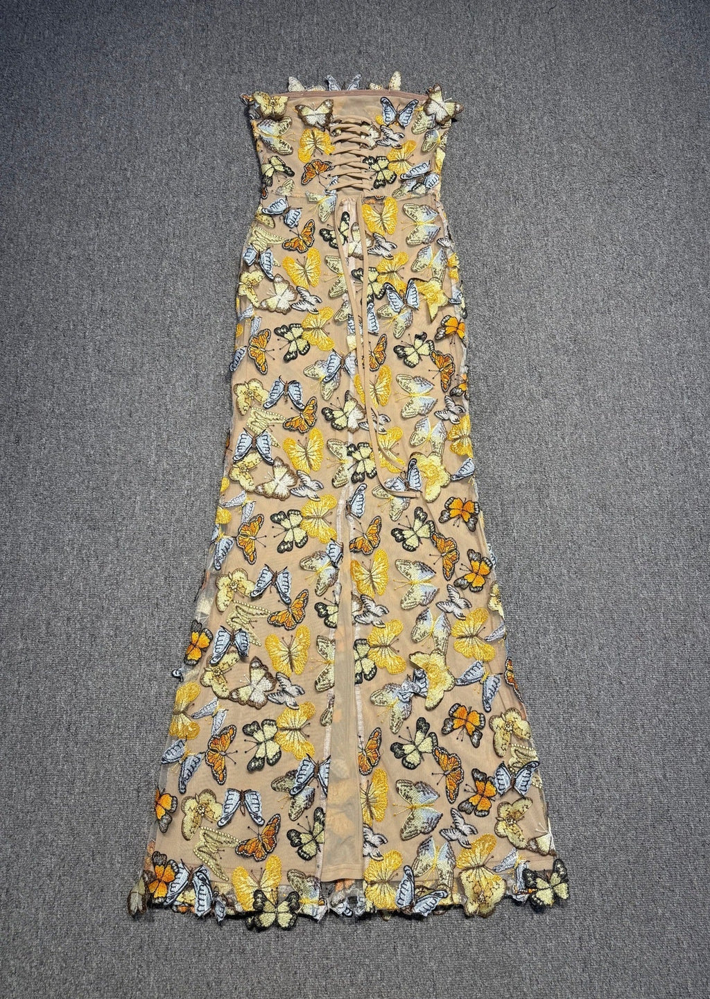 Vivien Multicolor 3D Butterfly Lace Strapless Maxi Dress