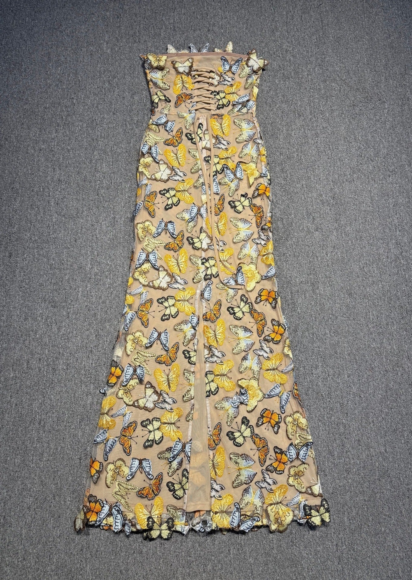 Vivien Multicolor 3D Butterfly Lace Strapless Maxi Dress