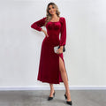 Flowering Girl Women wine red Slit square neck puff sleeve long velvet dress