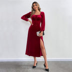 Flowering Girl Women wine red Slit square neck puff sleeve long velvet dress
