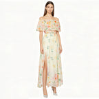 Flowering Girl Women Off-shoulder print slit chiffon maxi dress - pale yellow