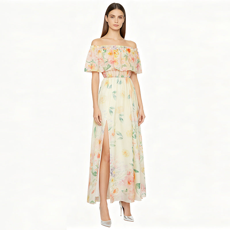 Flowering Girl Women Off-shoulder print slit chiffon maxi dress - pale yellow