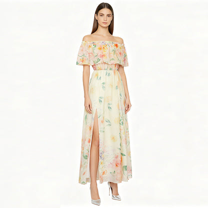 Off-shoulder print slit chiffon maxi dress - pale yellow