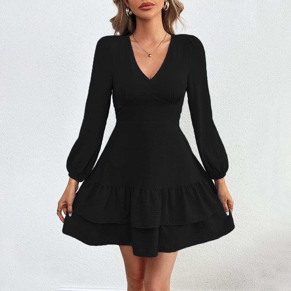 Backless tie-up ruffle long-sleeved dress in blue