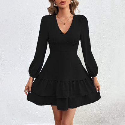 Backless tie-up ruffle long-sleeved dress in blue