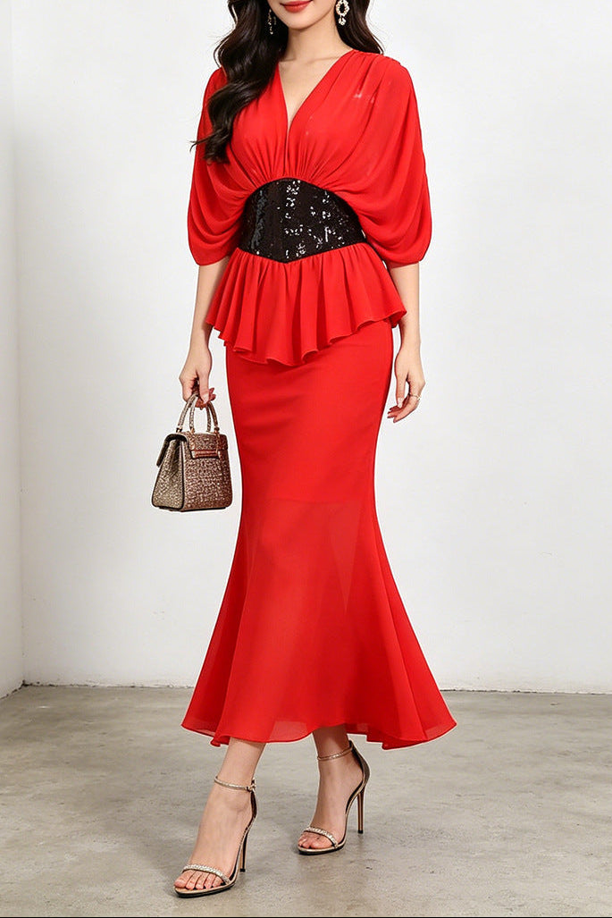 Flowering Girl Women yvette v-neck fishtail bodycon maxi dress - red
