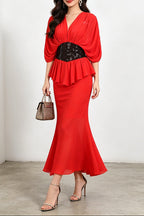 Flowering Girl Women yvette v-neck fishtail bodycon maxi dress - red