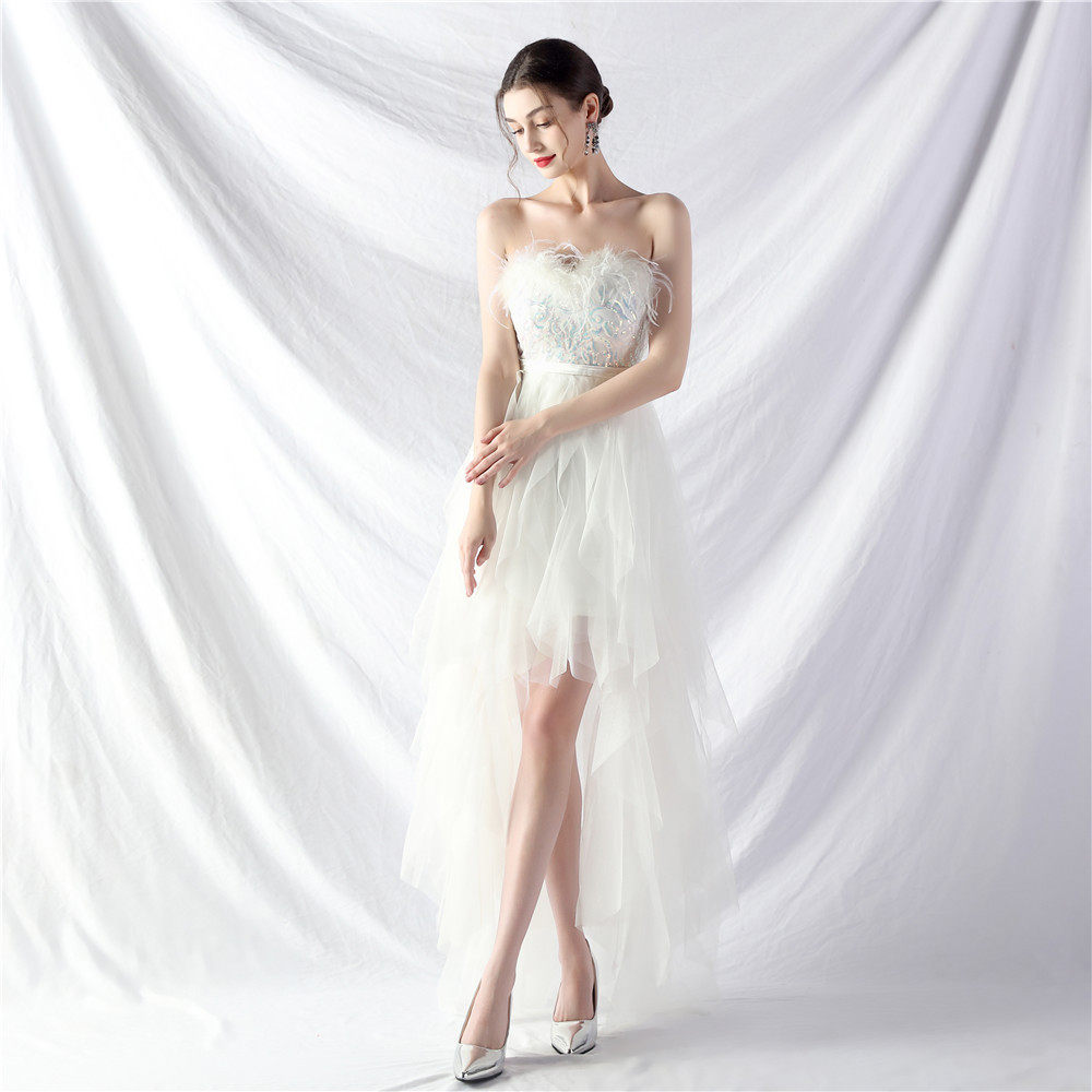 Strapless Feather Tulle Midi Dress