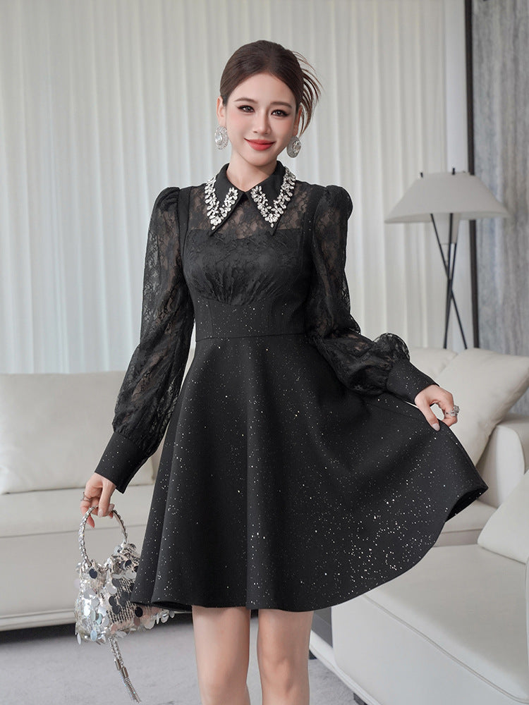 Lynn Black Rhinestone Collar Neck Lace Hollow Sleeve Mini Dress