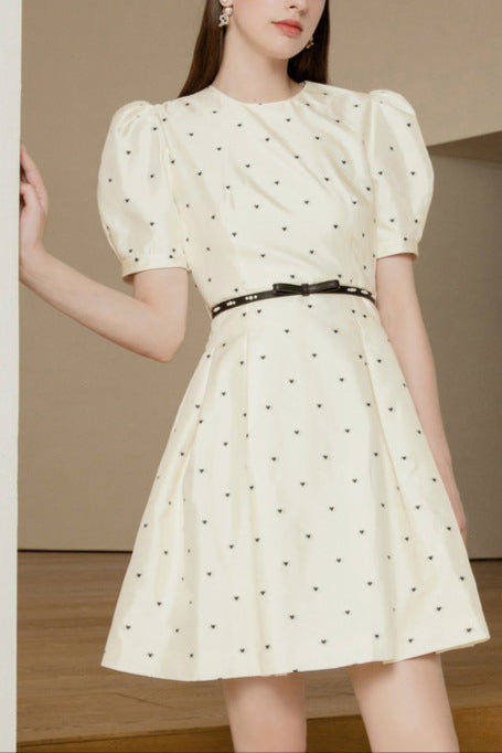 Elsie Polka Dot Puff Sleeve Mini Dress In Beige