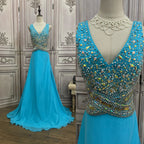 Turquoise Rhinestone Embellished V-Neck Chiffon Evening Gown
