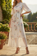 Pink Floral Print Mandarin Collar Chiffon Maxi Dress