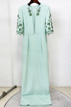 Flowering Girl Women mesh splicing bead diamond mid-sleeve mint green long dress