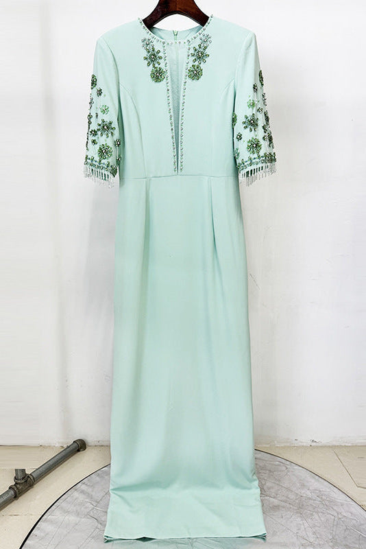 mesh splicing bead diamond mid-sleeve mint green long dress