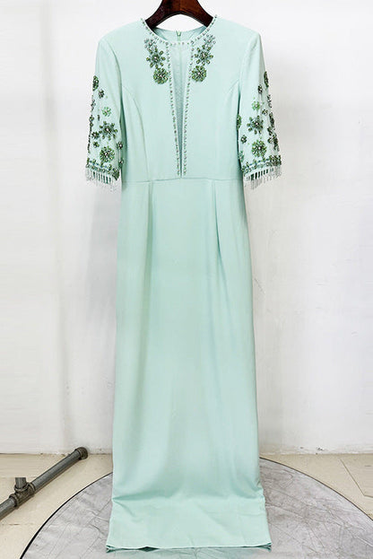 mesh splicing bead diamond mid-sleeve mint green long dress