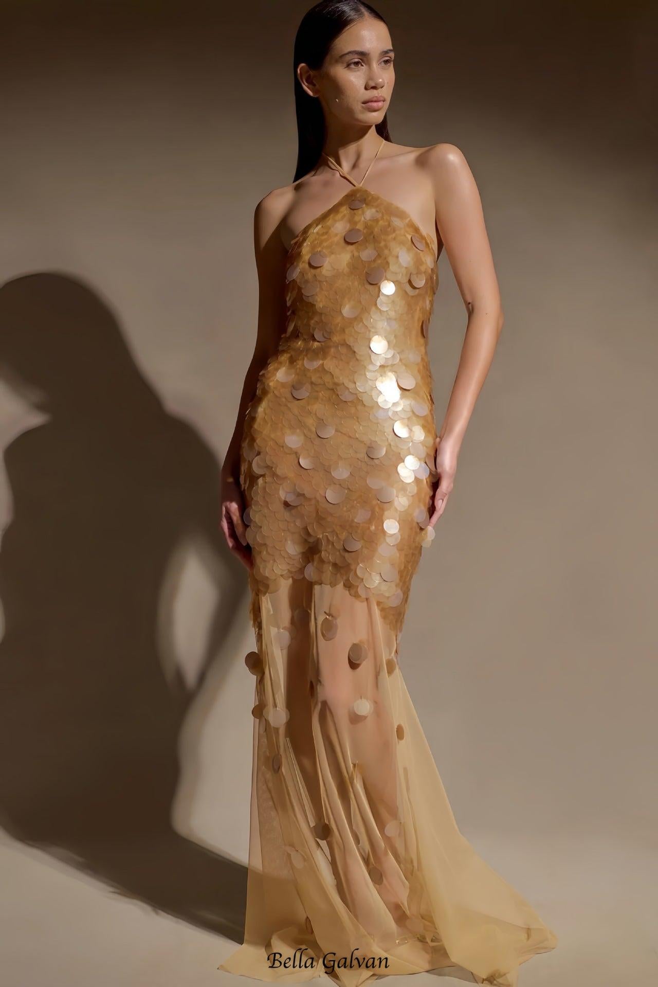 alva sequin Embellished backless Maxi Dress - Gold