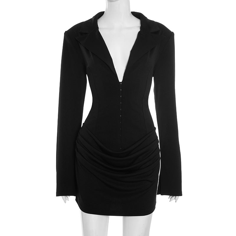 Flowering Girl Women Amelia v-Neck Ruched Blazer Mini Dress In Black