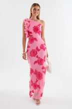 novia one-shoulder 3d flower embroidery bodycon maxi dress - pink