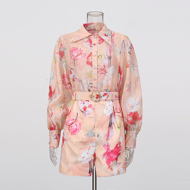 Flowering Girl Women Orange Jenny Floral Printed Shirt Shorts Set
