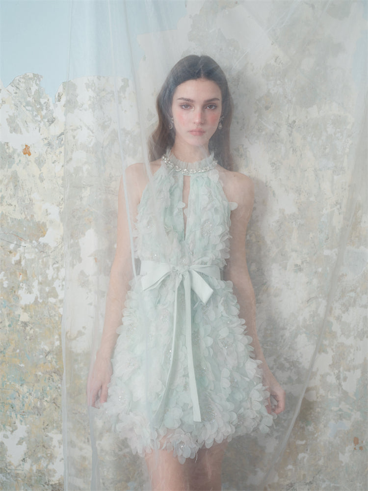 Pastel Green Ribbon Floral Wedding Guest Bridal Dress