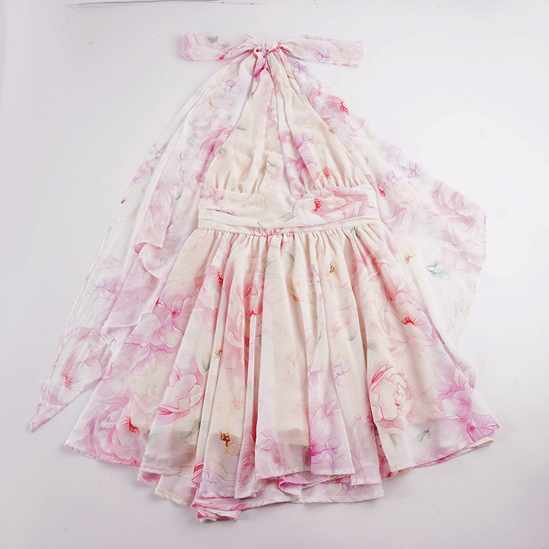 murray floral print halter backless mini dress - pink