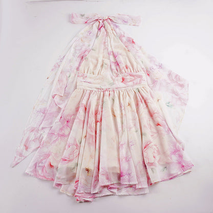 murray floral print halter backless mini dress - pink