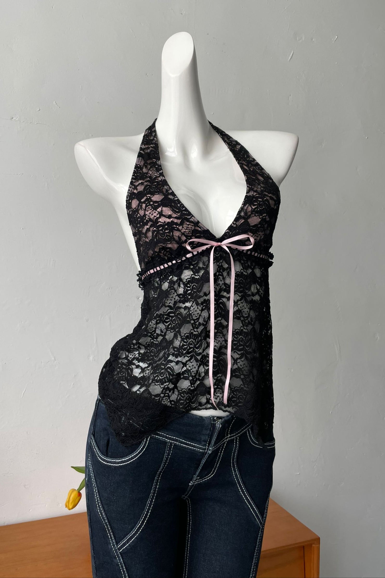 Flowering Girl Women Backless Sheer Lace Halter Top In Black
