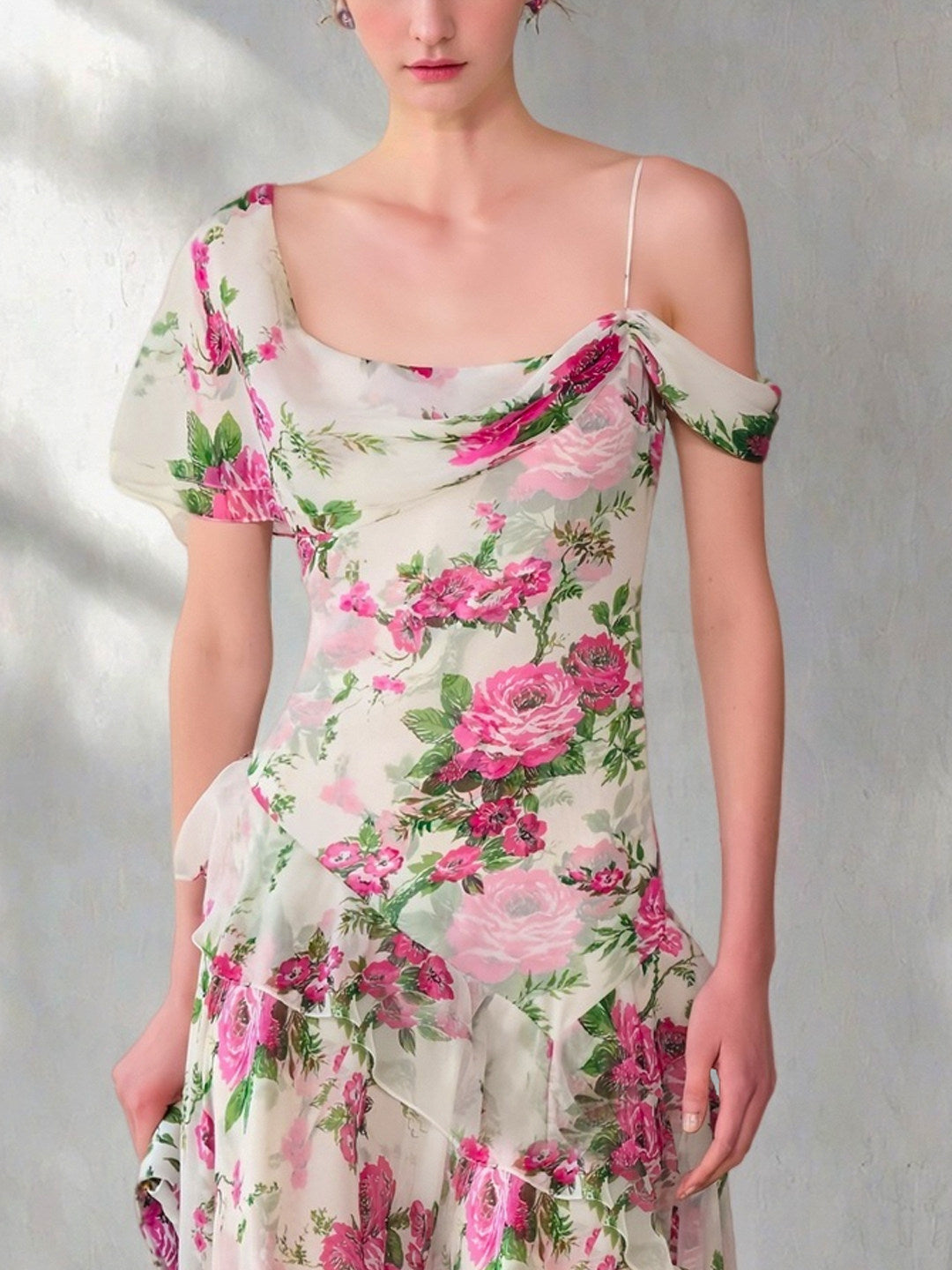 White Off-The-Shoulder Floral Printed Midi Dress