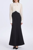 carlin Balloon Sleeve Ruched Tie Up Midi Dress - white & black