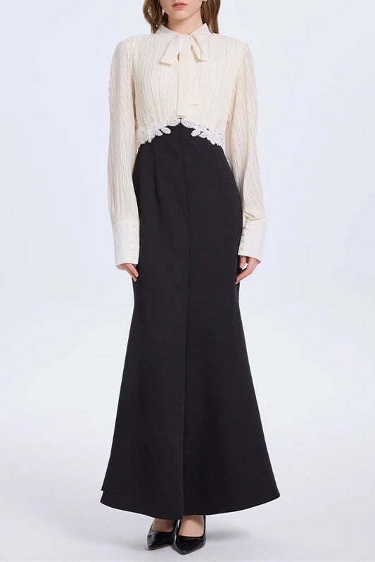 carlin Balloon Sleeve Ruched Tie Up Midi Dress - white & black
