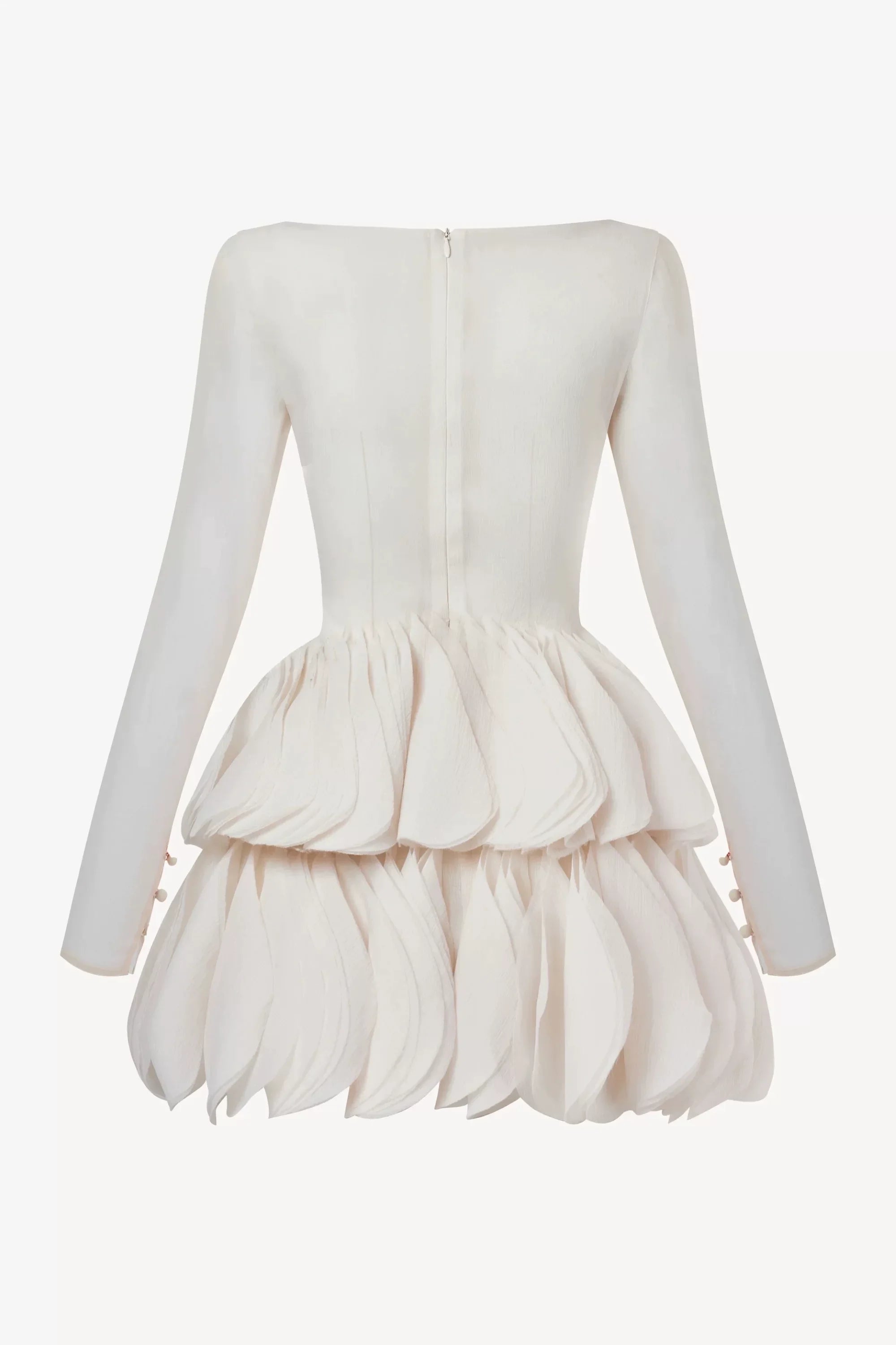 Flowering Girl Women Cream Sheer Long Sleeve Layered Petal Mini Dress with Brown Leather Corset Belt