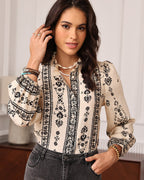 Bohemian Print Shir Stand-Up Collar Fungus Edge