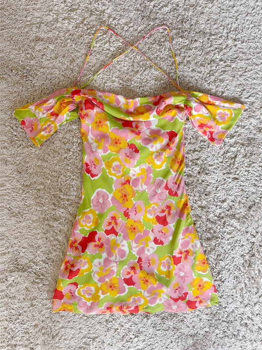 floral swing neck open back lace-up cotton dress