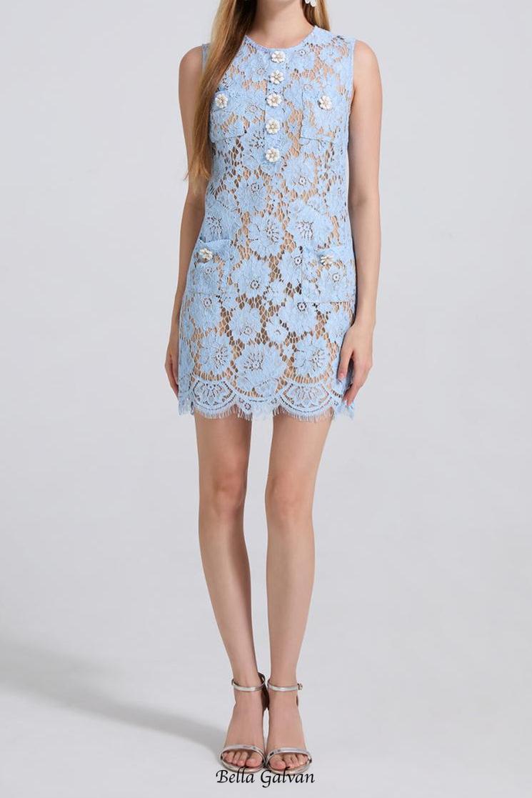 Flowering Girl Women eunice hollow pencil Lace mini Dress in blue