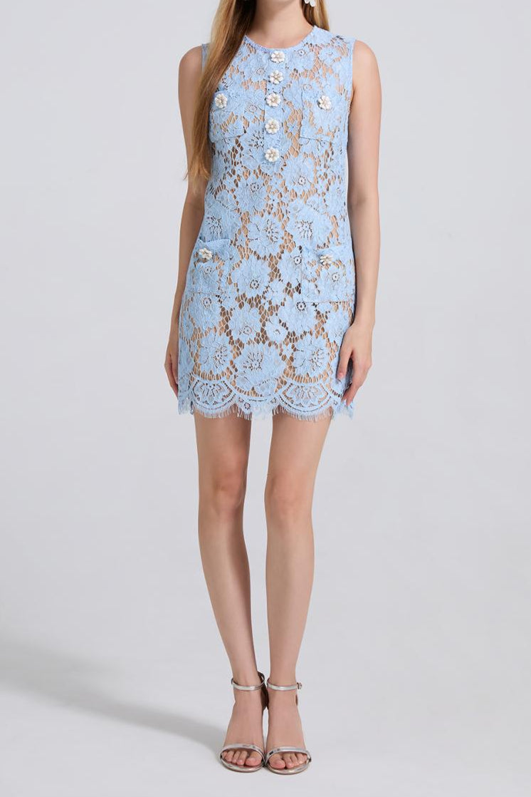 Flowering Girl Women Eunice Hollow Pencil Lace Mini Dress In Blue