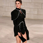 Flowering Girl Women diamond chain embellished trumpet sleeve mini dress in black