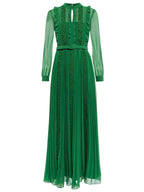 Green Long Sleeve Lace Splicing Pleated Dress