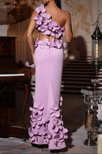 alma 3d flower one-shoulder bodycon maxi dress in purple