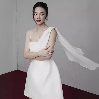 White Asymmetrical One-Shoulder Mini Dress with Sash Tie
