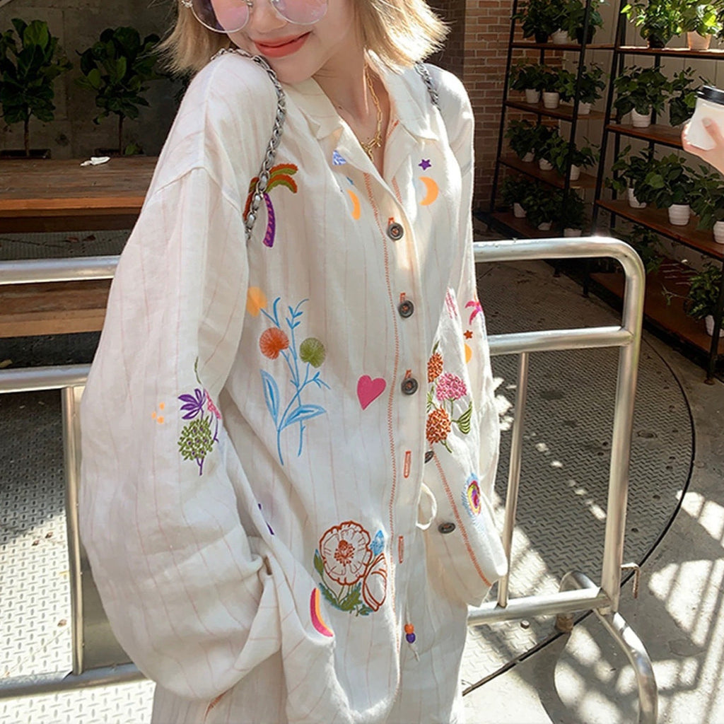 Flowering Girl Women White embroidery cotton linen long sleeve shirt