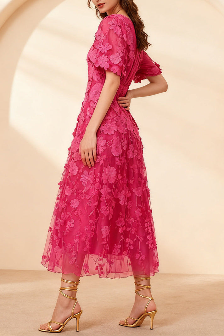 Modesty Puff Sleeve V-Neck Embroidery Midi Dress In Rose Red