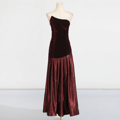 tiffany Irregular splicing strapless maxi dress  - burgundy