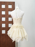 Flowering Girl Women Astrid Halter Neck 3D Flower Lace Puffy Mini Dress In White