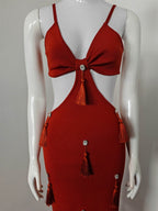 Deep-V Diamond Tassels Bandage Maxi Dress in red