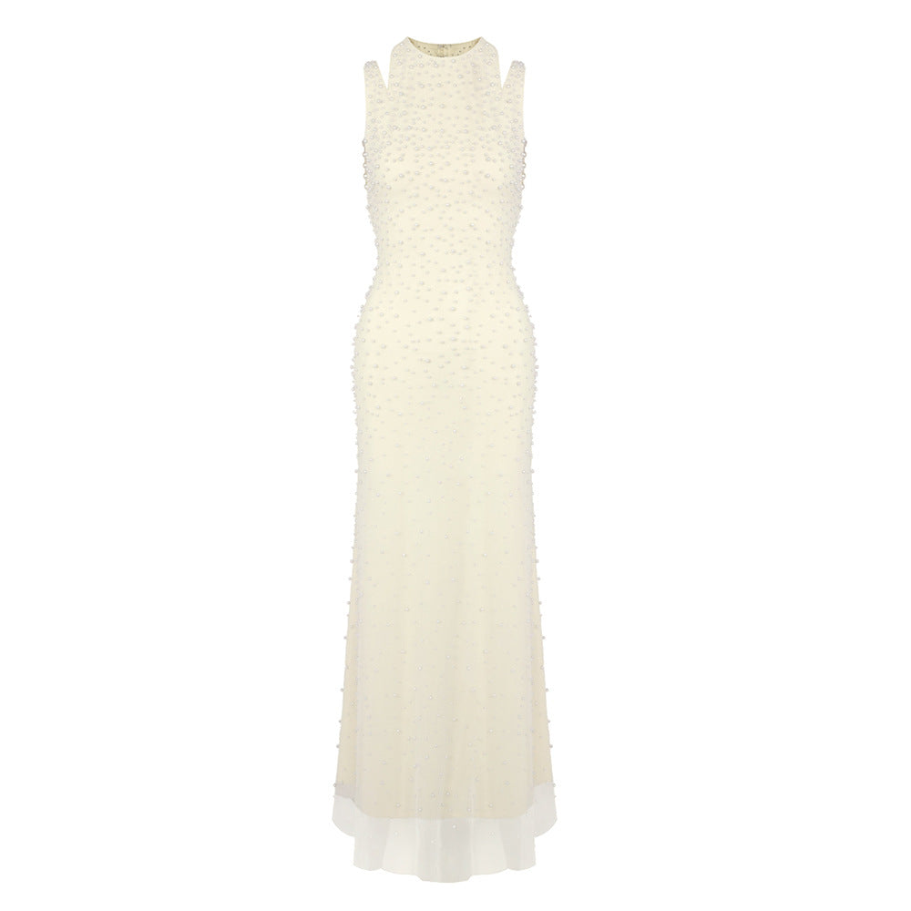 Flowering Girl Women Pearl tassel off-shoulder fishtail maxi dress - yellow