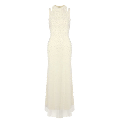 Pearl tassel off-shoulder fishtail maxi dress - yellow